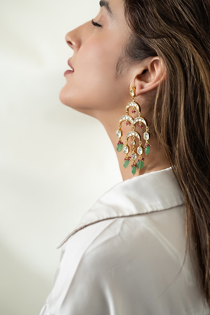 Gold Plated Kundan Polki & Onyx Dangler Earrings by Do Taara at Pernia's Pop Up Shop