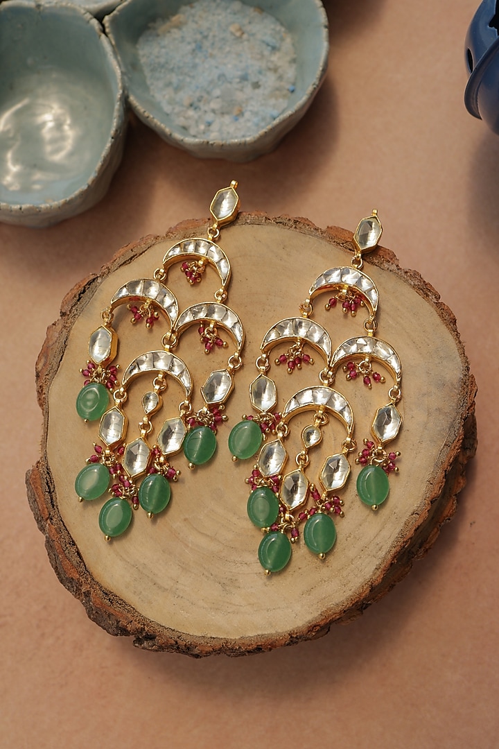 Gold Plated Kundan Polki & Onyx Dangler Earrings by Do Taara at Pernia's Pop Up Shop