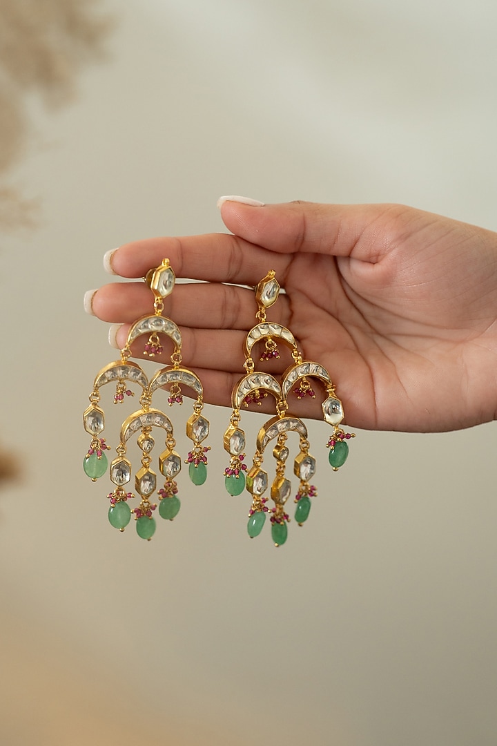 Gold Plated Kundan Polki & Onyx Dangler Earrings by Do Taara at Pernia's Pop Up Shop