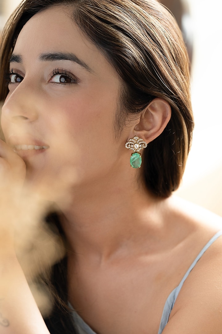 Gold Plated Kundan Polki & Mint Fluorite Stone Dangler Earrings by Do Taara at Pernia's Pop Up Shop