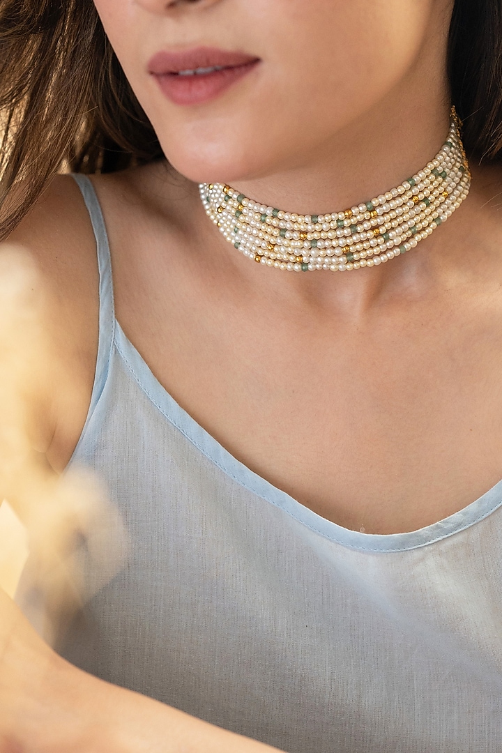 Gold Plated Mint Stone & Pearl Choker Necklace by Do Taara at Pernia's Pop Up Shop