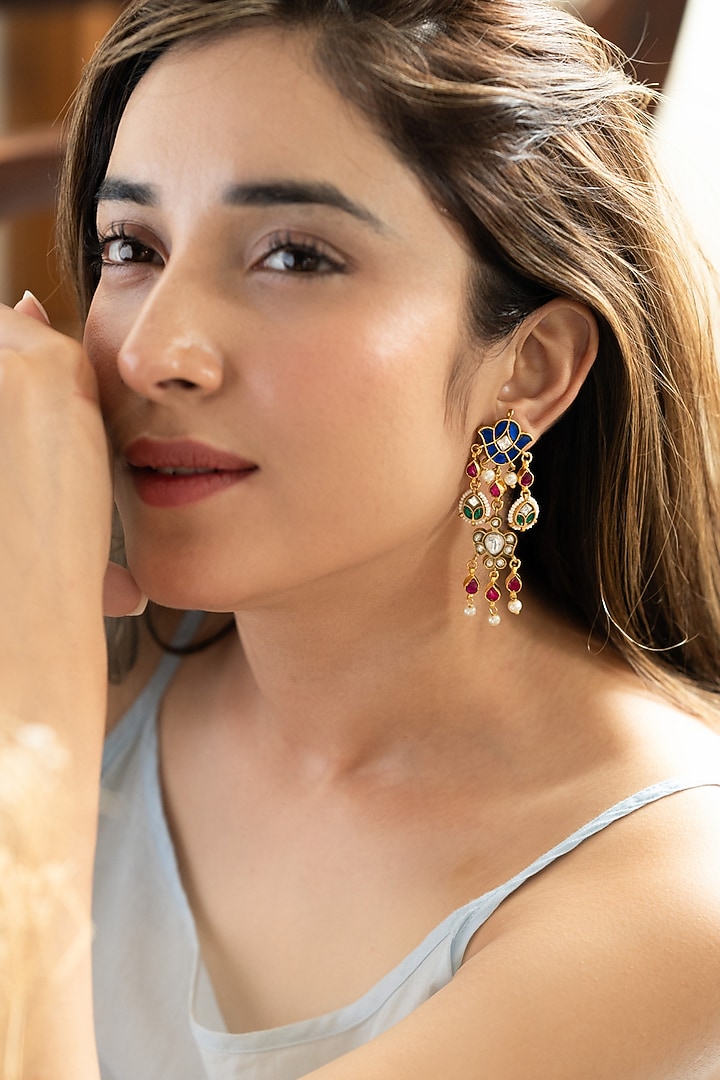Gold Plated Multi-Colored Kundan Polki & Pearl Dangler Earrings by Do Taara at Pernia's Pop Up Shop