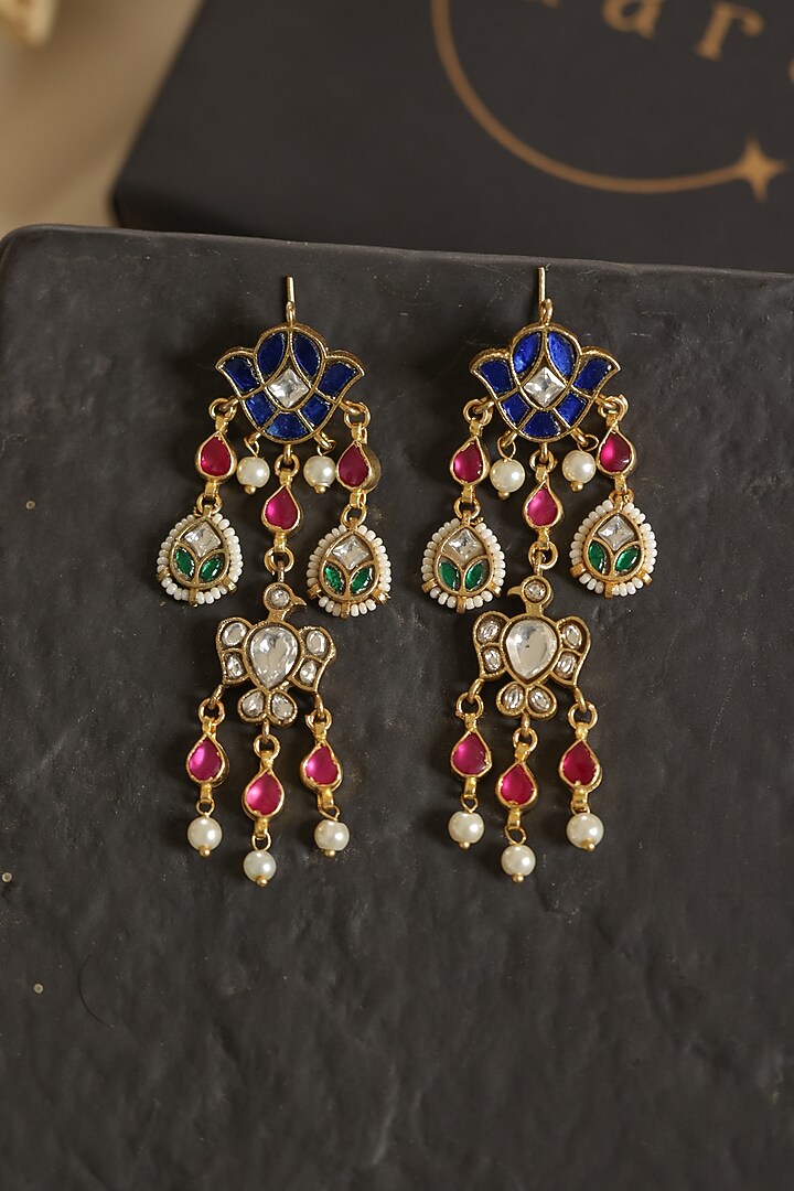 Gold Plated Multi-Colored Kundan Polki & Pearl Dangler Earrings by Do Taara at Pernia's Pop Up Shop