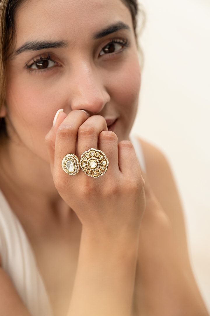 Gold Plated Kundan Polki & Pearl Floral Ring by Do Taara at Pernia's Pop Up Shop