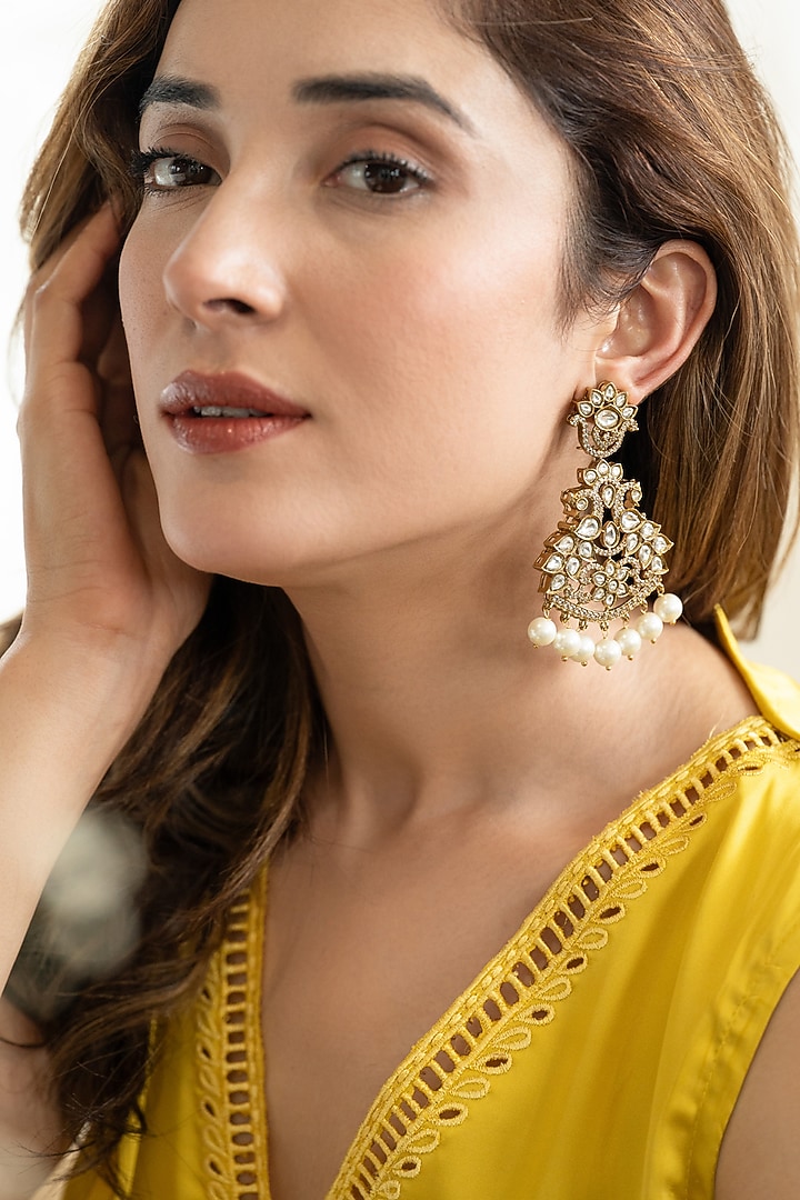 Gold Plated Kundan Polki & Pearl Dangler Earrings by Do Taara at Pernia's Pop Up Shop