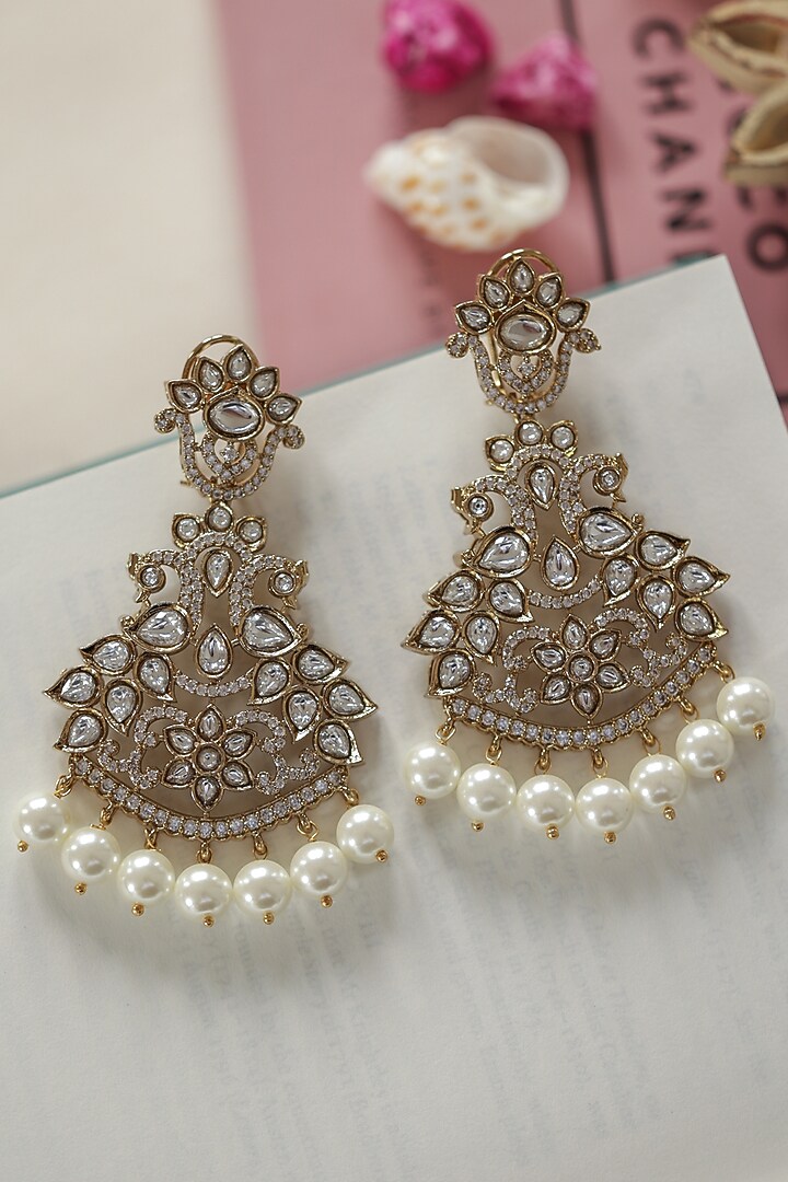 Gold Plated Kundan Polki & Pearl Dangler Earrings by Do Taara at Pernia's Pop Up Shop