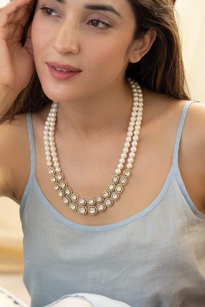 Gold Plated Kundan Polki & Pearl Layered Necklace by Do Taara at Pernia's Pop Up Shop