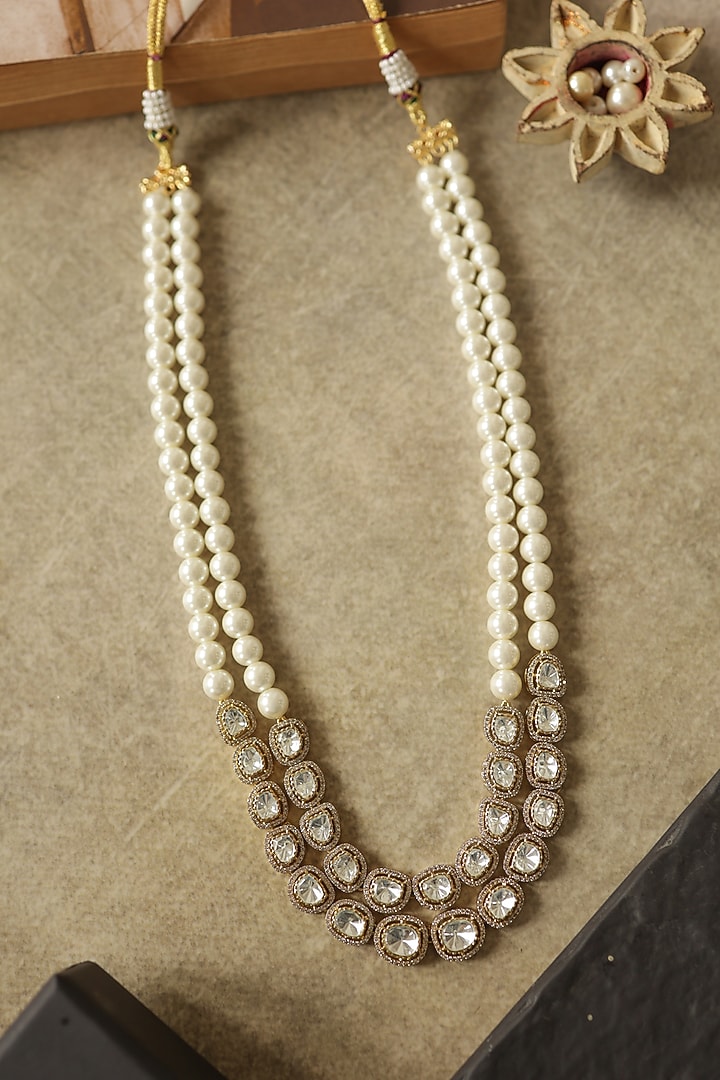 Gold Plated Kundan Polki & Pearl Layered Necklace by Do Taara at Pernia's Pop Up Shop
