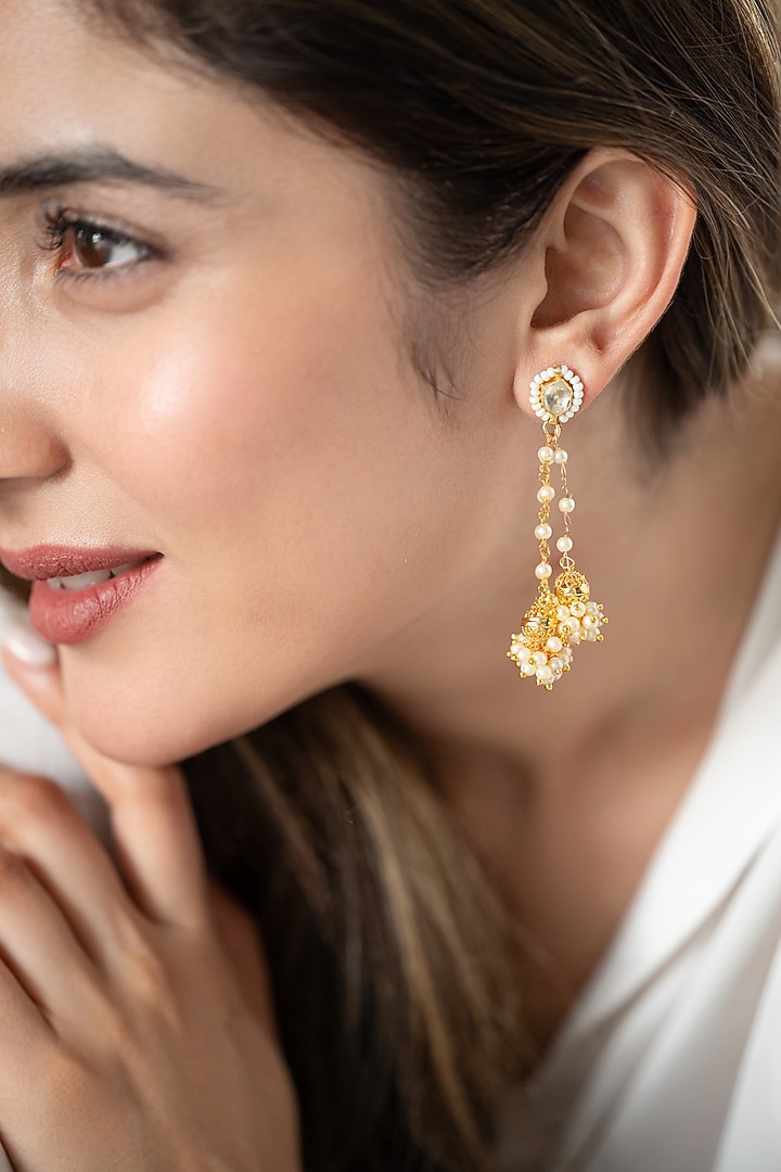 Gold Plated Kundan Polki & Pearl Dangler Earrings by Do Taara at Pernia's Pop Up Shop