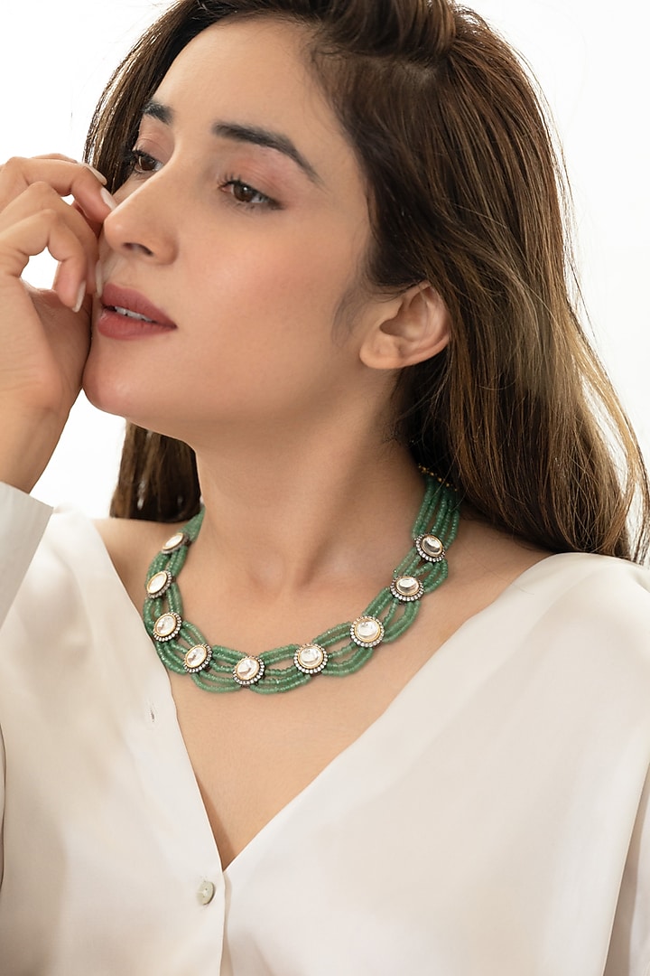 Gold Plated Kundan Polki & Mint Green Onyx Necklace by Do Taara at Pernia's Pop Up Shop