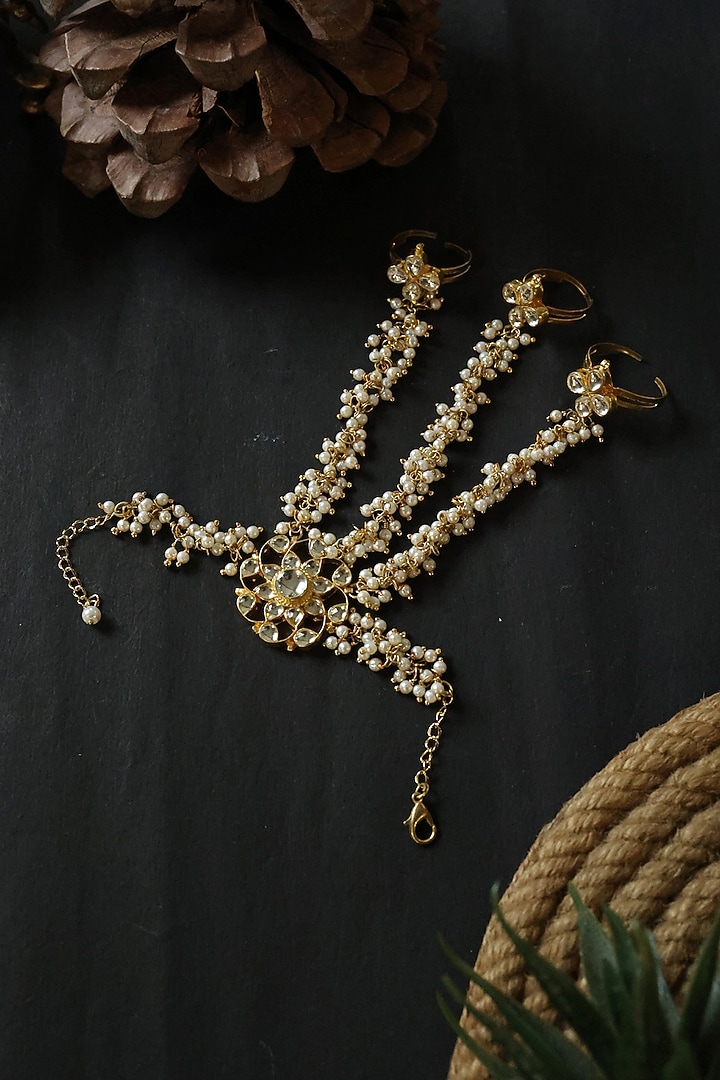 Gold Finish Kundan Polki & Pearl Haathphool by Do Taara at Pernia's Pop Up Shop