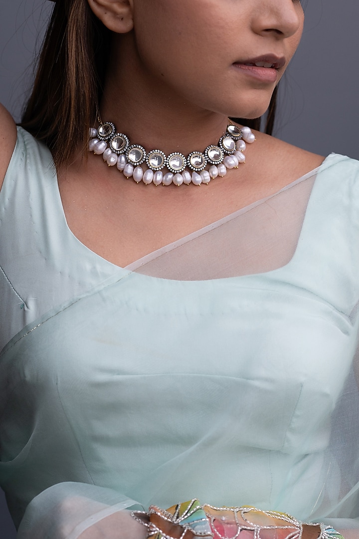 Gold Finish Zircon & Pearl Choker Necklace by Do Taara at Pernia's Pop Up Shop