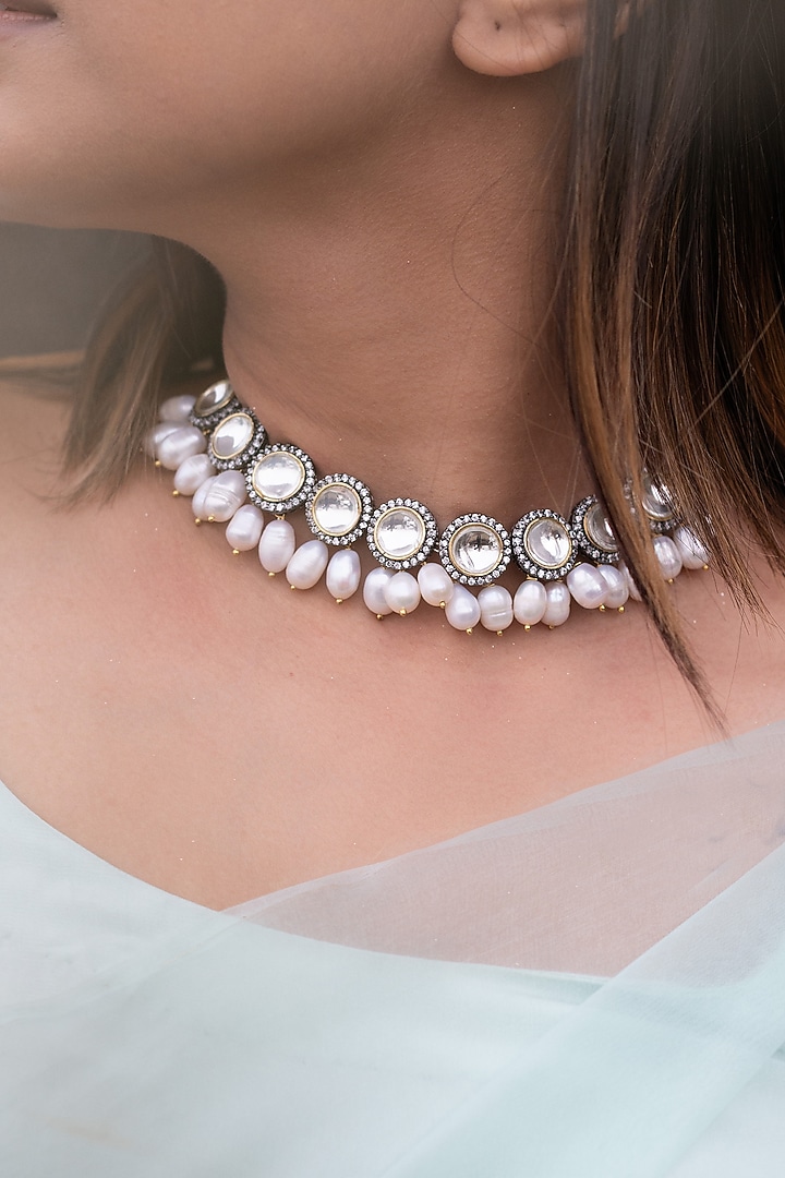 Gold Finish Zircon & Pearl Choker Necklace by Do Taara at Pernia's Pop Up Shop