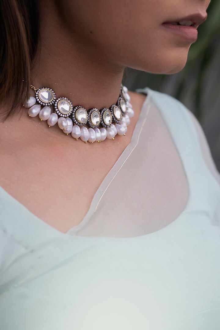 Gold Finish Zircon & Pearl Choker Necklace by Do Taara at Pernia's Pop Up Shop
