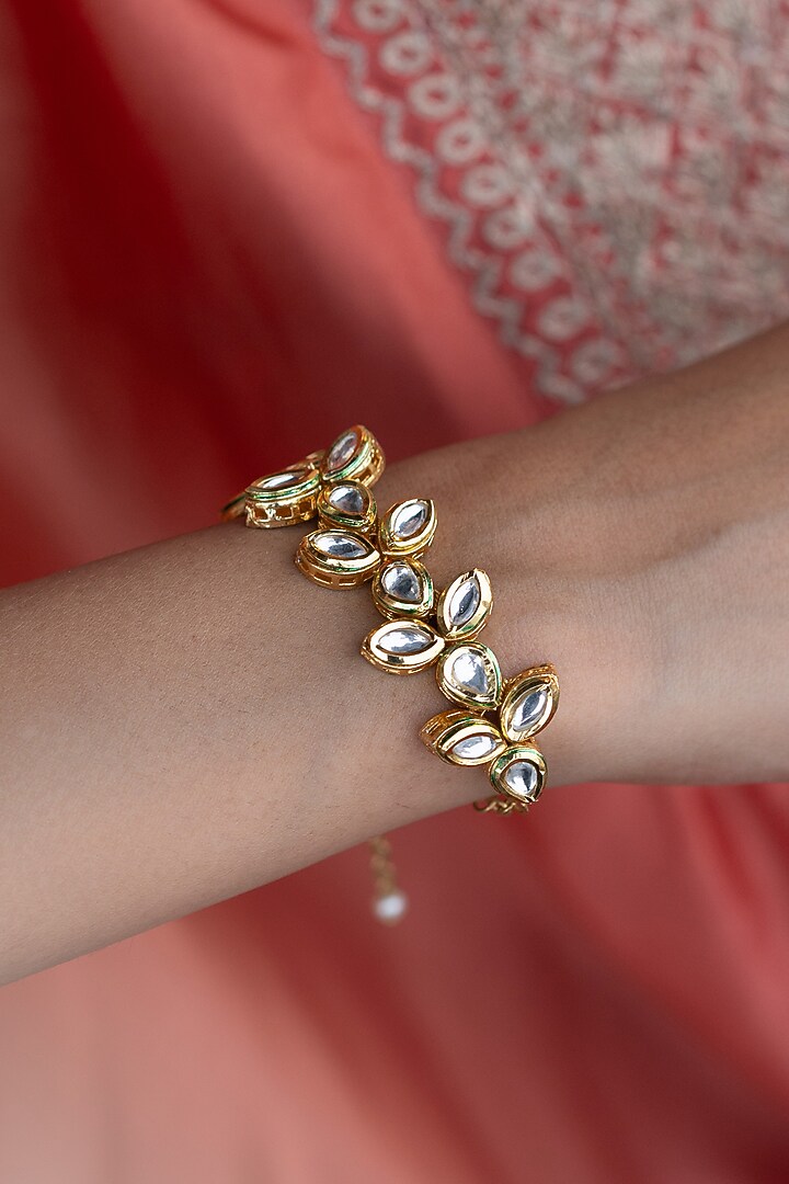 Gold Finish Kundan Polki Bracelet by Do Taara at Pernia's Pop Up Shop