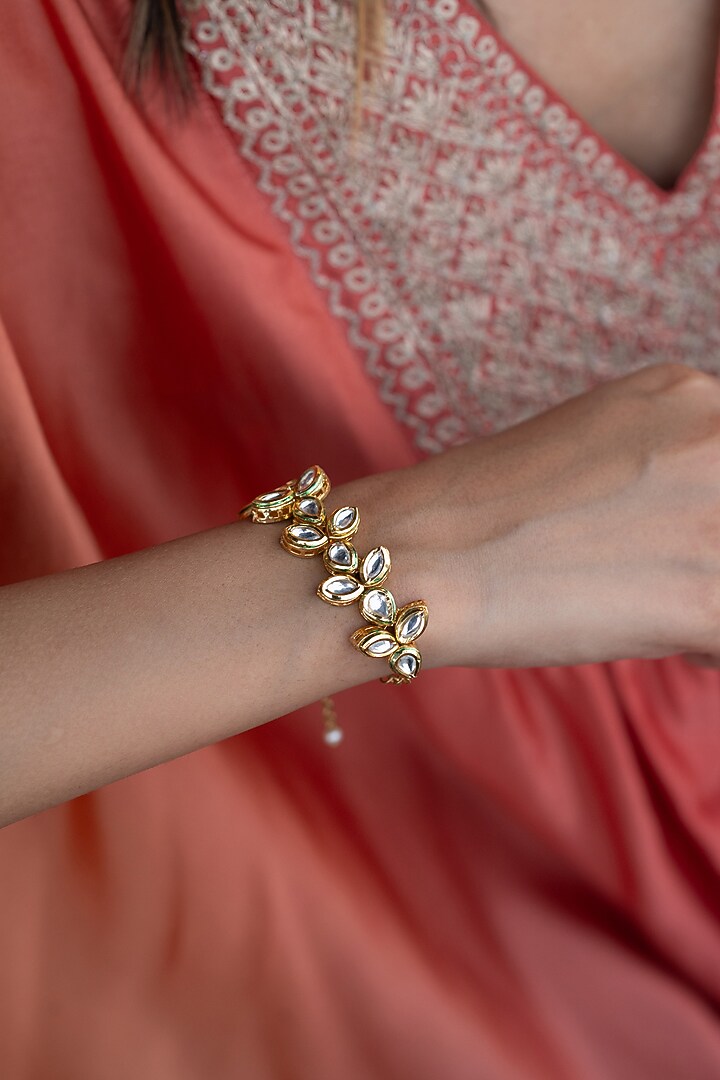 Gold Finish Kundan Polki Bracelet by Do Taara at Pernia's Pop Up Shop
