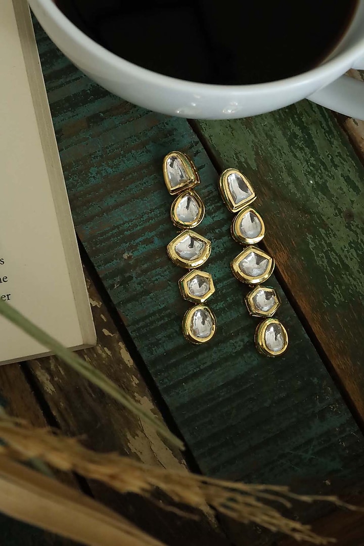 Gold Finish Kundan Polki Dangler Earrings by Do Taara at Pernia's Pop Up Shop