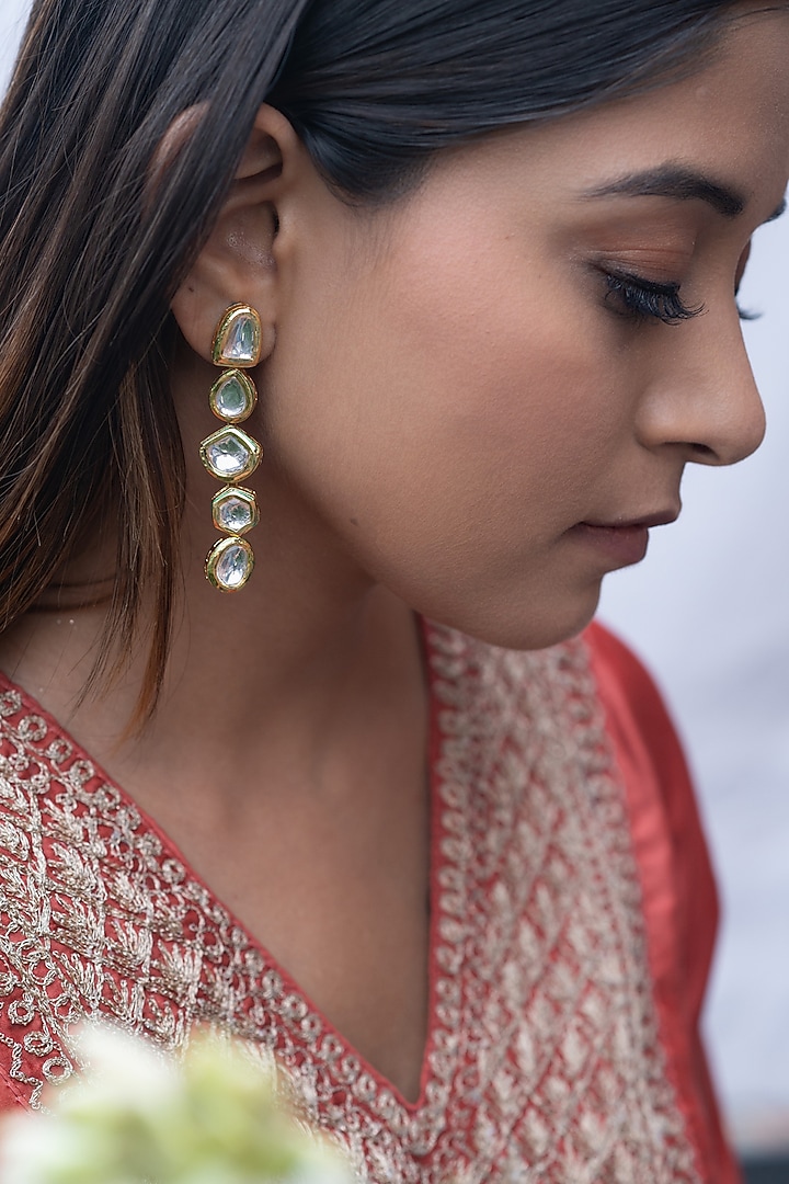 Gold Finish Kundan Polki Dangler Earrings by Do Taara at Pernia's Pop Up Shop