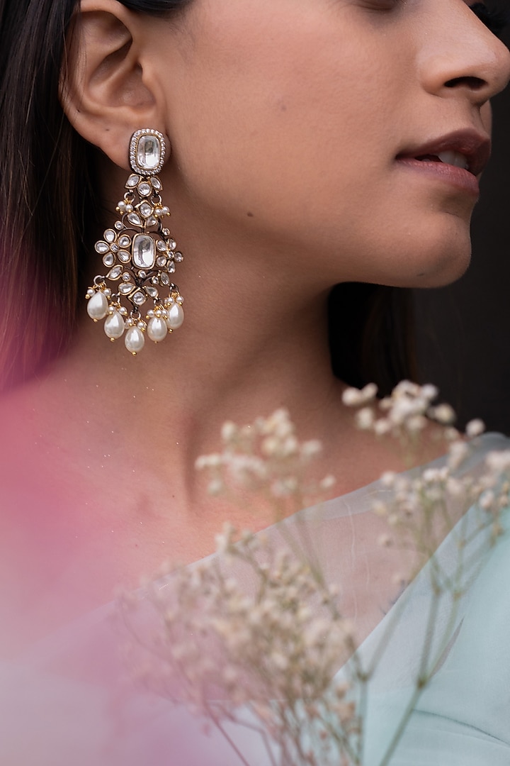 Gold Finish Kundan Polki Dangler Earrings by Do Taara at Pernia's Pop Up Shop