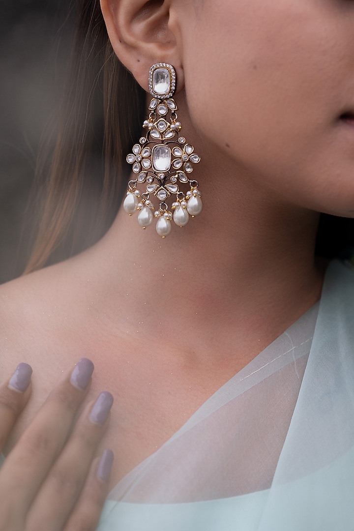 Gold Finish Kundan Polki Dangler Earrings by Do Taara at Pernia's Pop Up Shop