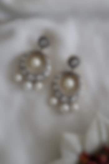 Black Rhodium Plated Kundan Polki & Freshwater Pearl Chandbaali Earrings by Do Taara at Pernia's Pop Up Shop