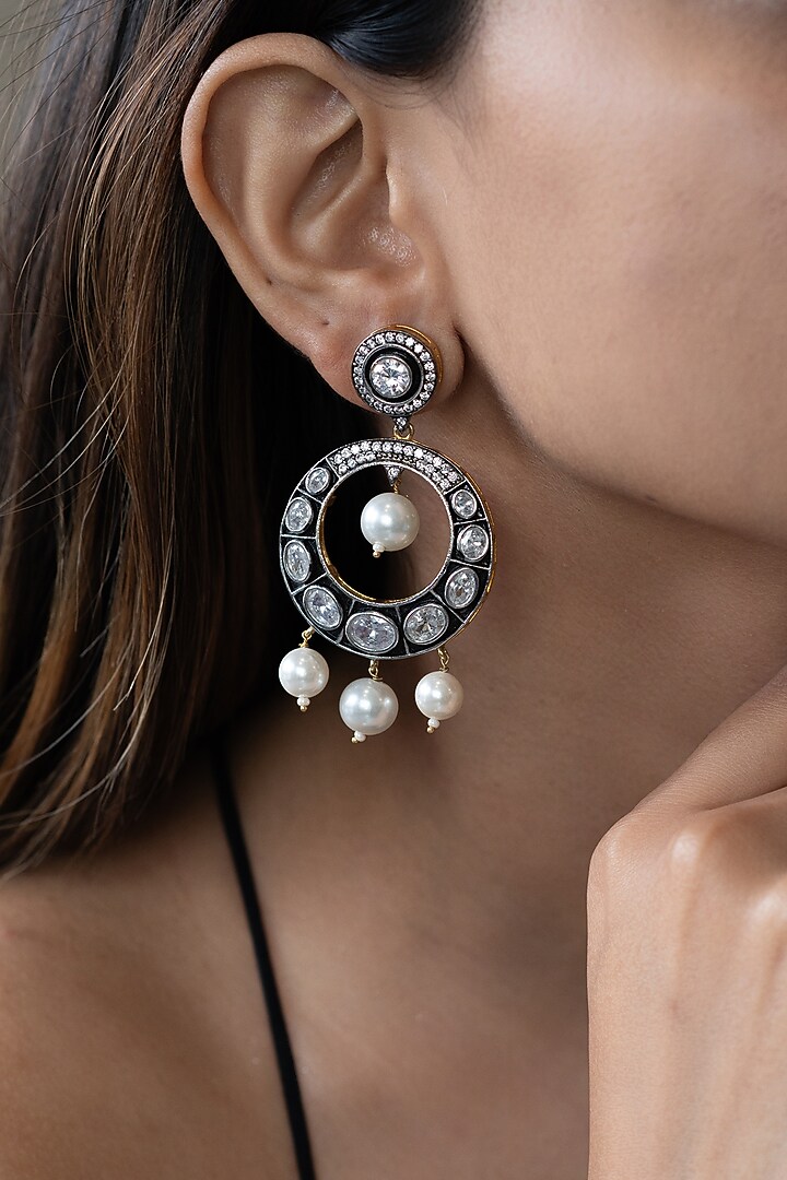 Black Rhodium Plated Kundan Polki & Freshwater Pearl Chandbaali Earrings by Do Taara at Pernia's Pop Up Shop