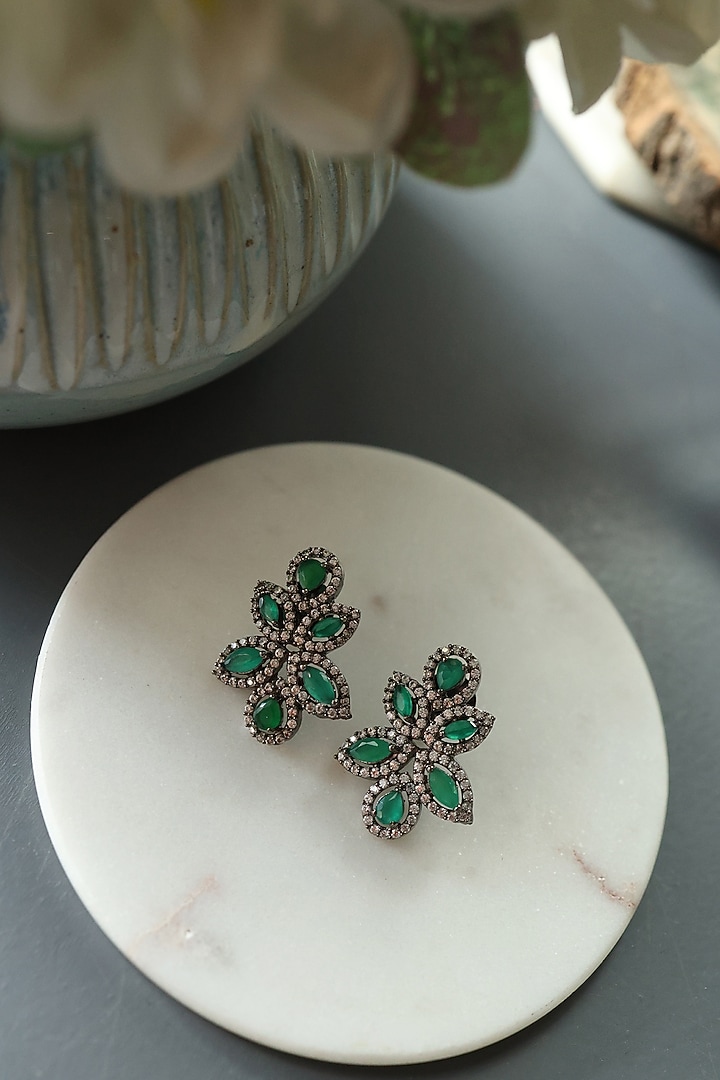 Black Rhodium Plated Emerald Green Cubic Zirconia Stud Earrings by Do Taara at Pernia's Pop Up Shop