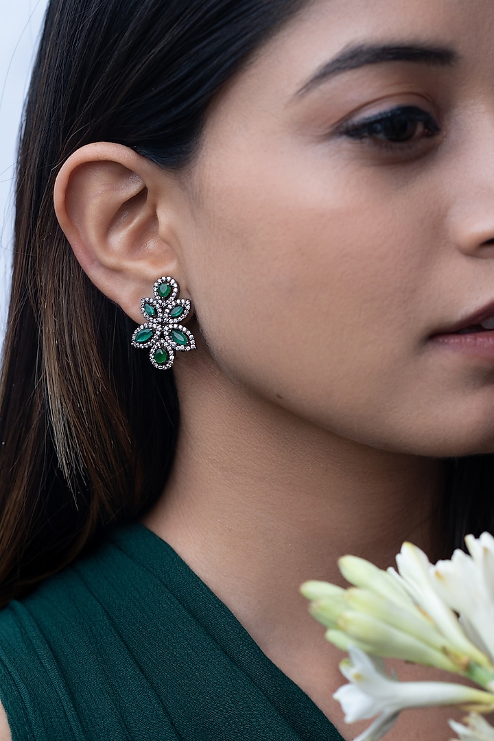 Black Rhodium Plated Emerald Green Cubic Zirconia Stud Earrings by Do Taara at Pernia's Pop Up Shop