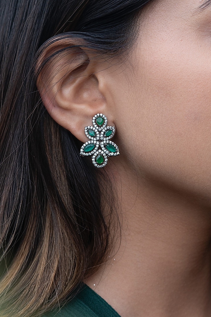 Black Rhodium Plated Emerald Green Cubic Zirconia Stud Earrings by Do Taara at Pernia's Pop Up Shop