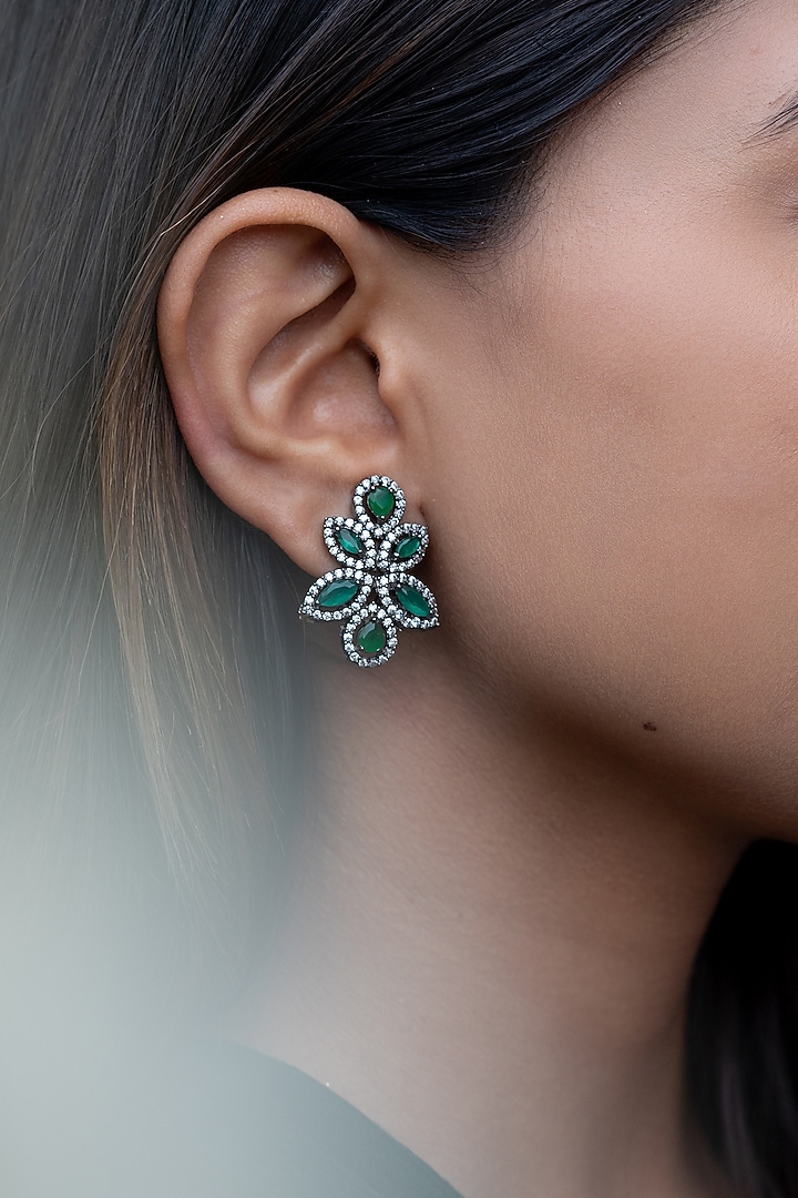 Black Rhodium Plated Emerald Green Cubic Zirconia Stud Earrings by Do Taara at Pernia's Pop Up Shop