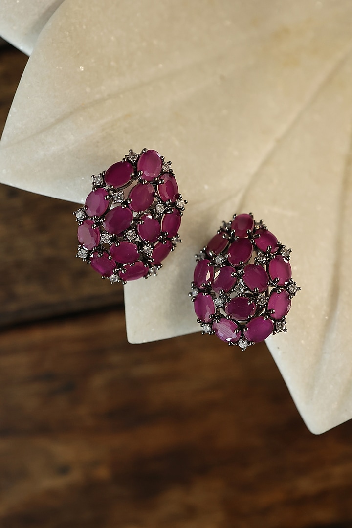 Black Rhodium Plated Pink Stone & Cubic Zirconia Stud Earrings by Do Taara at Pernia's Pop Up Shop