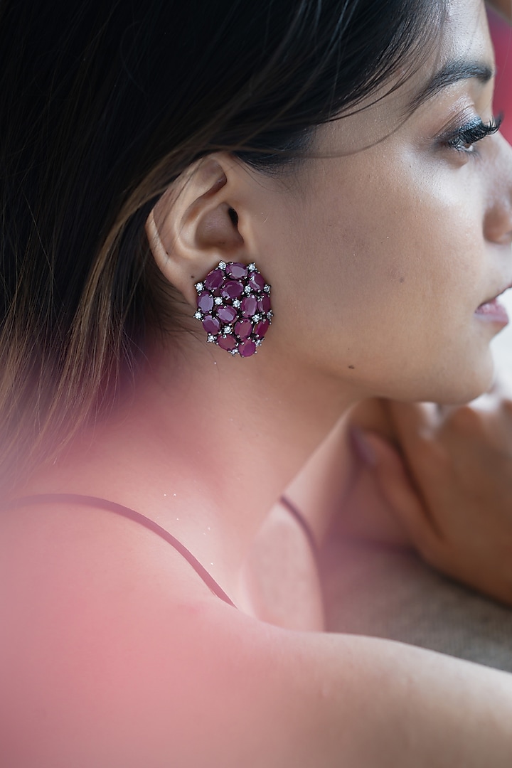 Black Rhodium Plated Pink Stone & Cubic Zirconia Stud Earrings by Do Taara at Pernia's Pop Up Shop