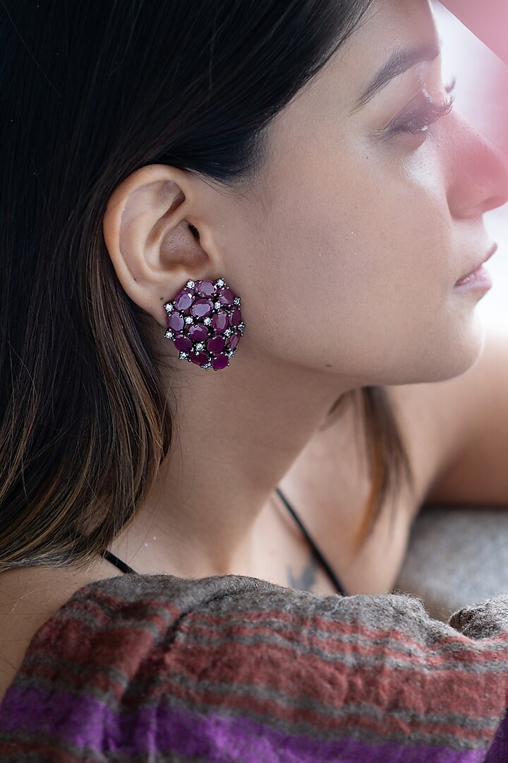 Black Rhodium Plated Pink Stone & Cubic Zirconia Stud Earrings by Do Taara at Pernia's Pop Up Shop
