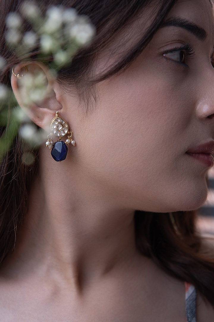 Gold Finish Agate & Kundan Polki Dangler Earrings by Do Taara at Pernia's Pop Up Shop