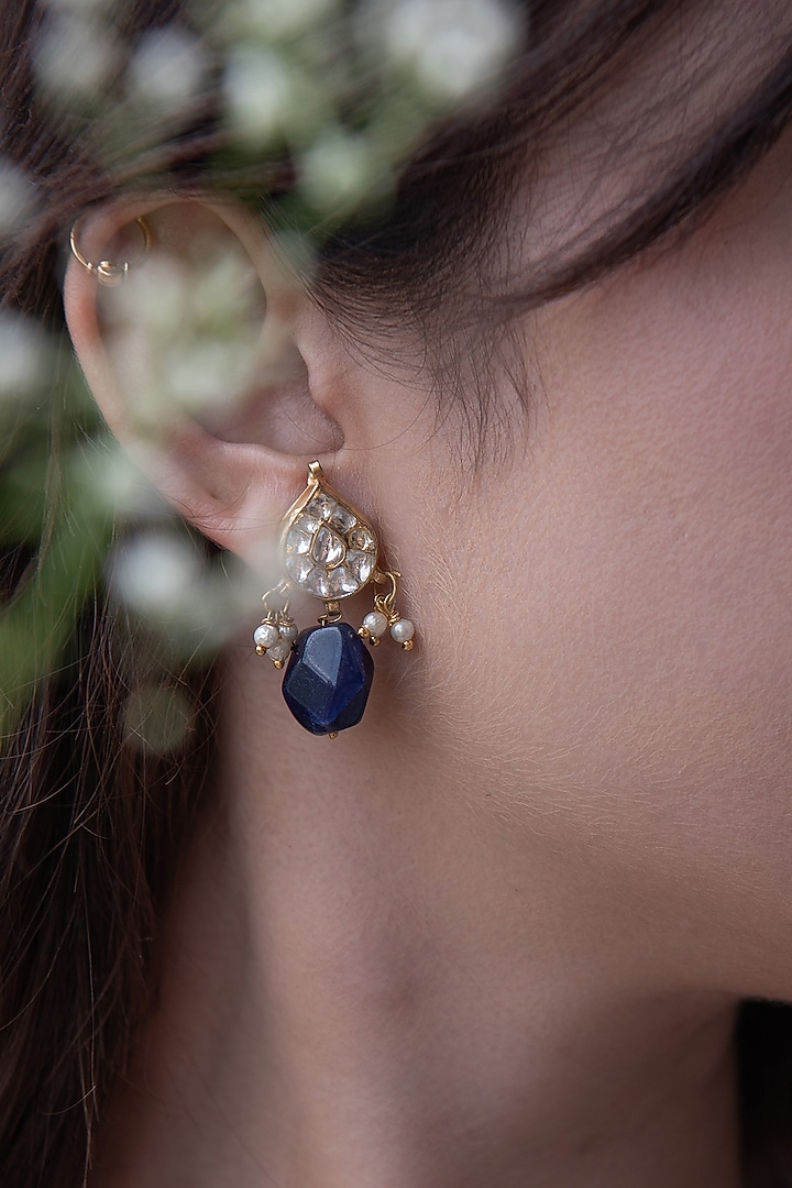 Gold Finish Agate & Kundan Polki Dangler Earrings by Do Taara at Pernia's Pop Up Shop