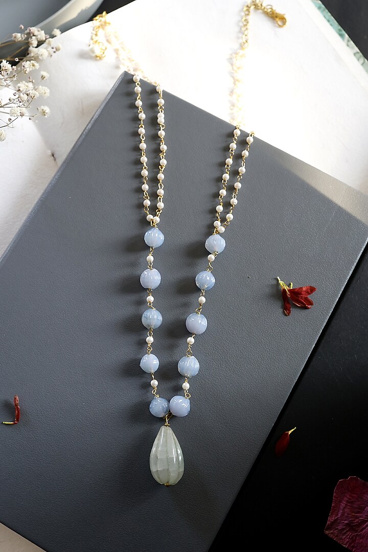 Gold Finish Onyx Stone & Pearl Pendant Necklace by Do Taara at Pernia's Pop Up Shop