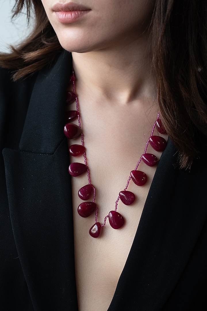 Gold Finish Red Natural Stone Necklace by Do Taara at Pernia's Pop Up Shop
