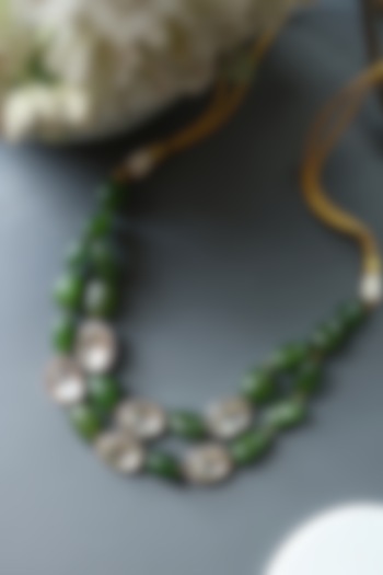 Gold Finish Uncut Kundan Polki & Green Agate Stone Layered Necklace by Do Taara at Pernia's Pop Up Shop
