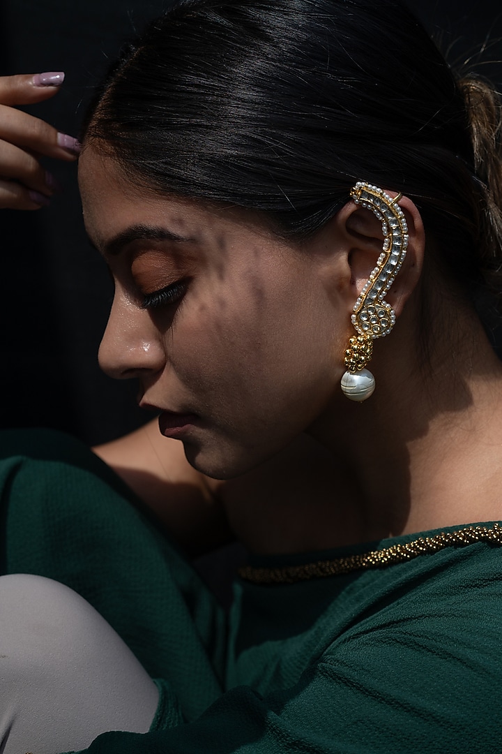 Gold Plated Kundan & Pearl Dangler Earrings by Do Taara at Pernia's Pop Up Shop