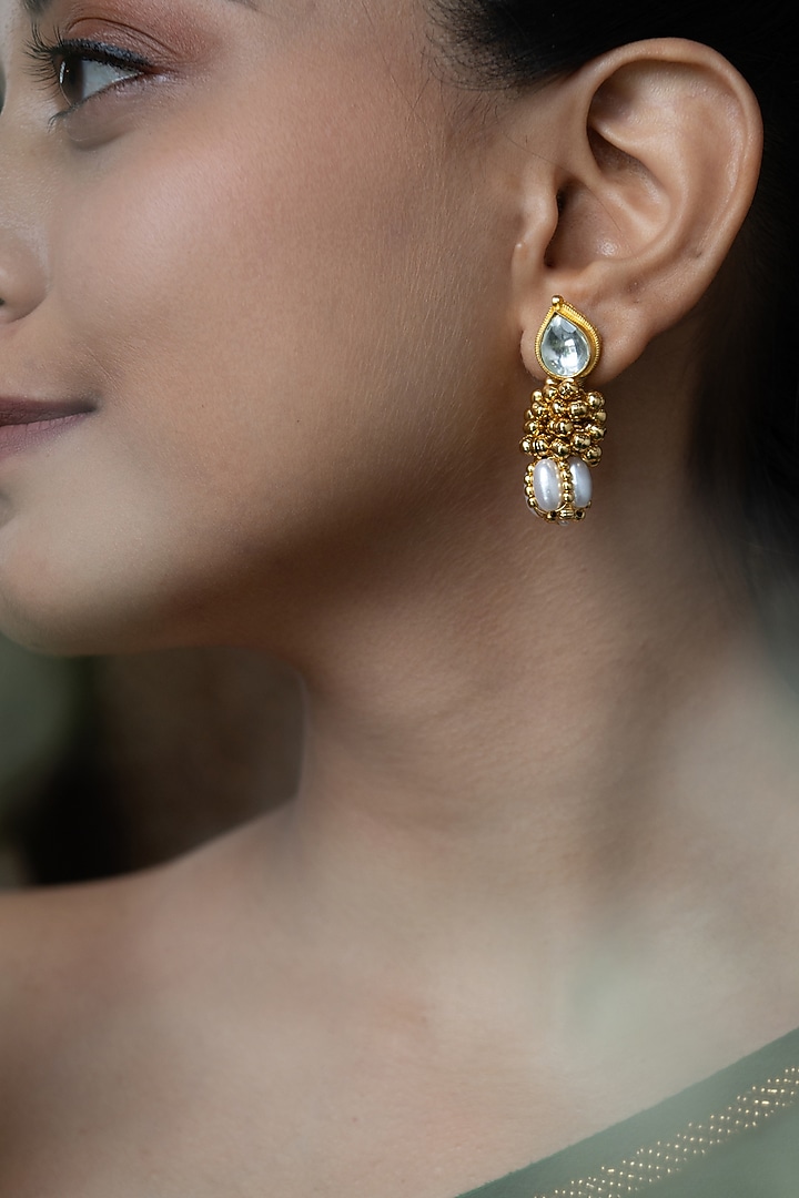 Gold Plated Kundan & Pearl Dangler Earrings by Do Taara at Pernia's Pop Up Shop