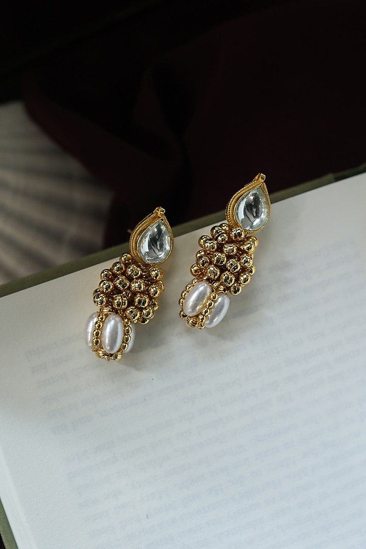 Gold Plated Kundan & Pearl Dangler Earrings by Do Taara at Pernia's Pop Up Shop