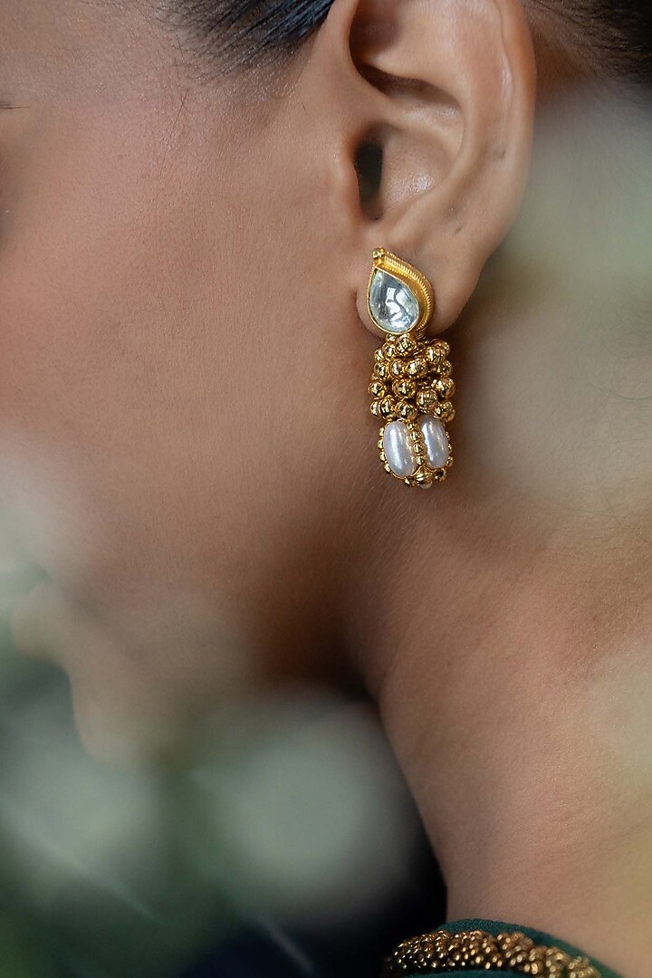 Gold Plated Kundan & Pearl Dangler Earrings by Do Taara at Pernia's Pop Up Shop