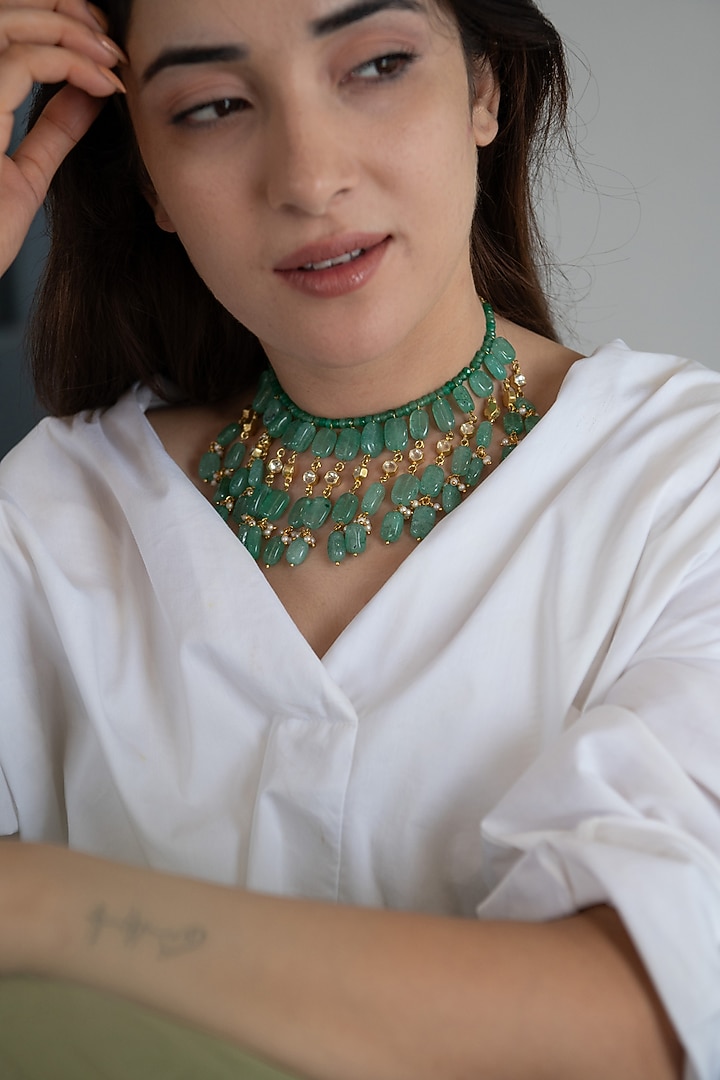Gold Plated Kundan & Mint Natural Stone Choker Necklace by Do Taara at Pernia's Pop Up Shop
