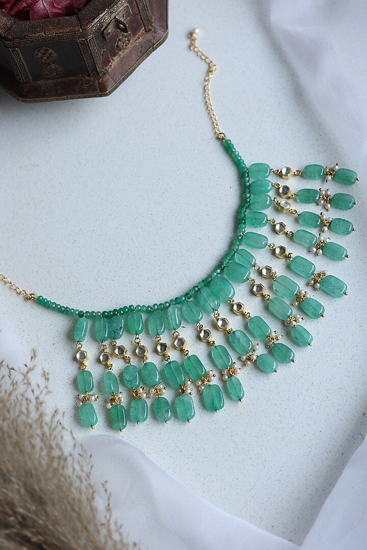 Gold Plated Kundan & Mint Natural Stone Choker Necklace by Do Taara at Pernia's Pop Up Shop
