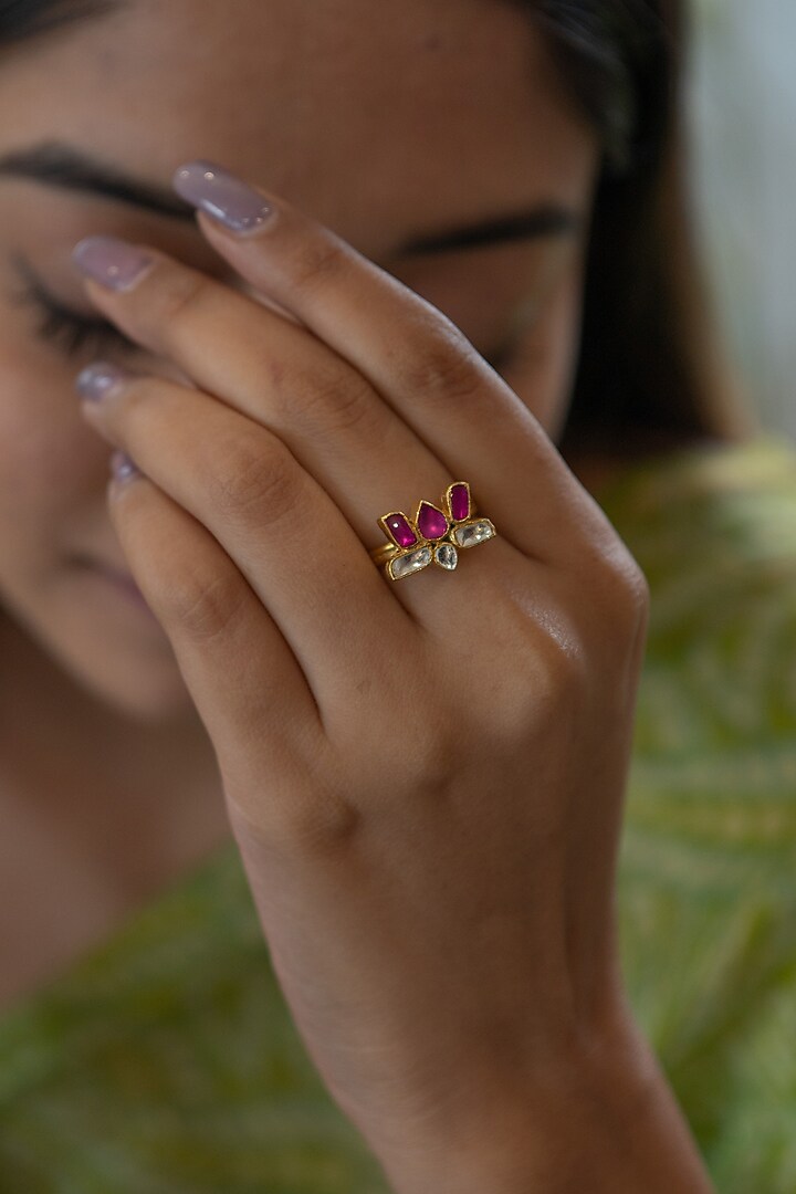Gold Plated Red Natural Stone Lotus Ring by Do Taara at Pernia's Pop Up Shop