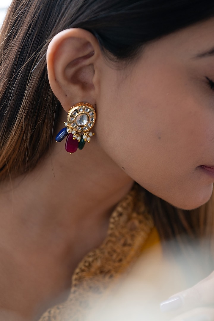 Gold Plated Kundan Polki & Multi-Colored Natural Stone Earrings by Do Taara at Pernia's Pop Up Shop