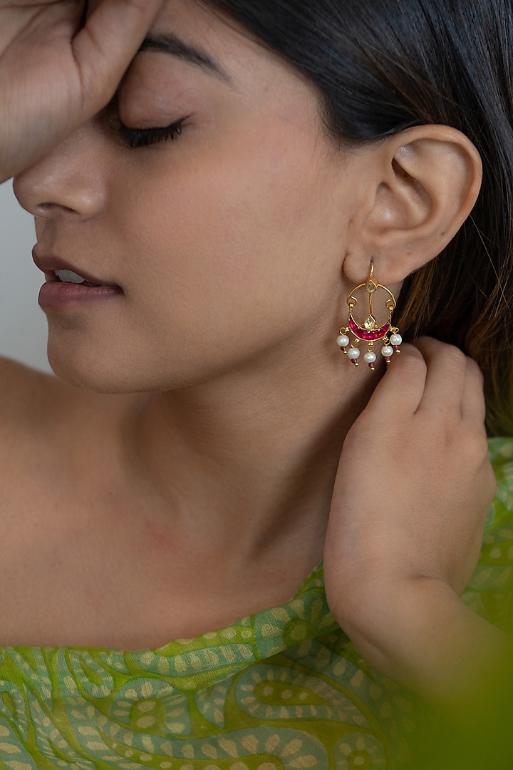 Gold Plated Kundan Polki & Pearl Earrings by Do Taara at Pernia's Pop Up Shop