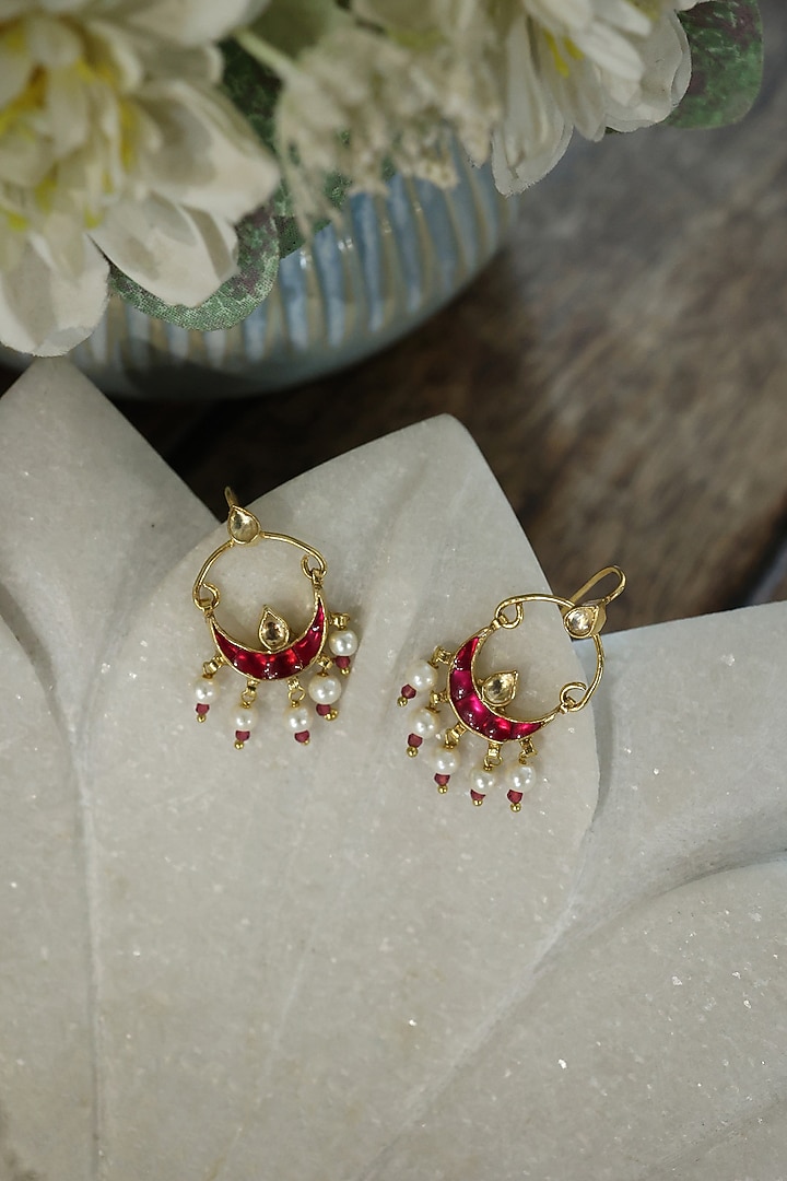 Gold Plated Kundan Polki & Pearl Earrings by Do Taara at Pernia's Pop Up Shop