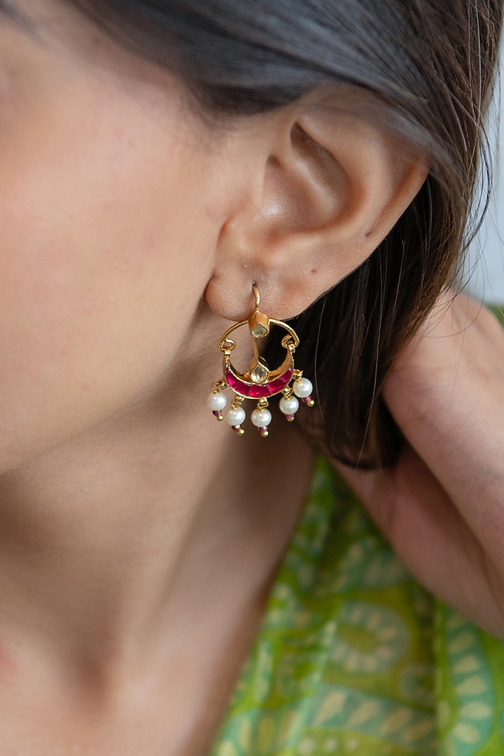 Gold Plated Kundan Polki & Pearl Earrings by Do Taara at Pernia's Pop Up Shop