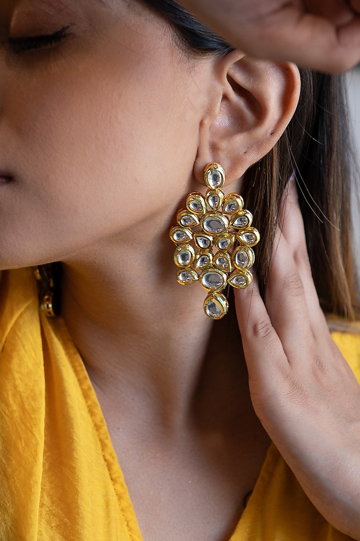 Gold Plated Kundan Polki Floral Earrings by Do Taara at Pernia's Pop Up Shop